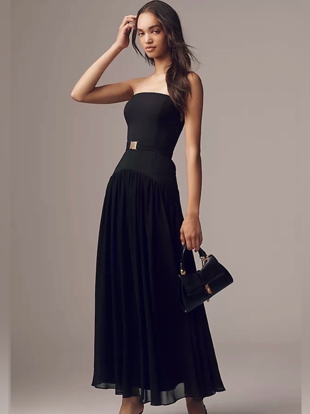 Hutch Caramel Strapless Black Maxi Dress with Drop Waist and Buckle - NWOT
